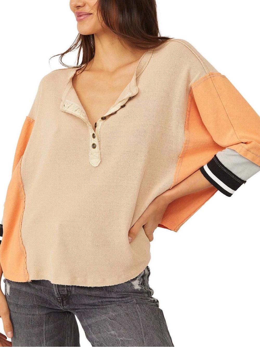 Free People Just Tip It Henley thermal top oversized slouchy 90’s grunge boho SM - Picture 4 of 11